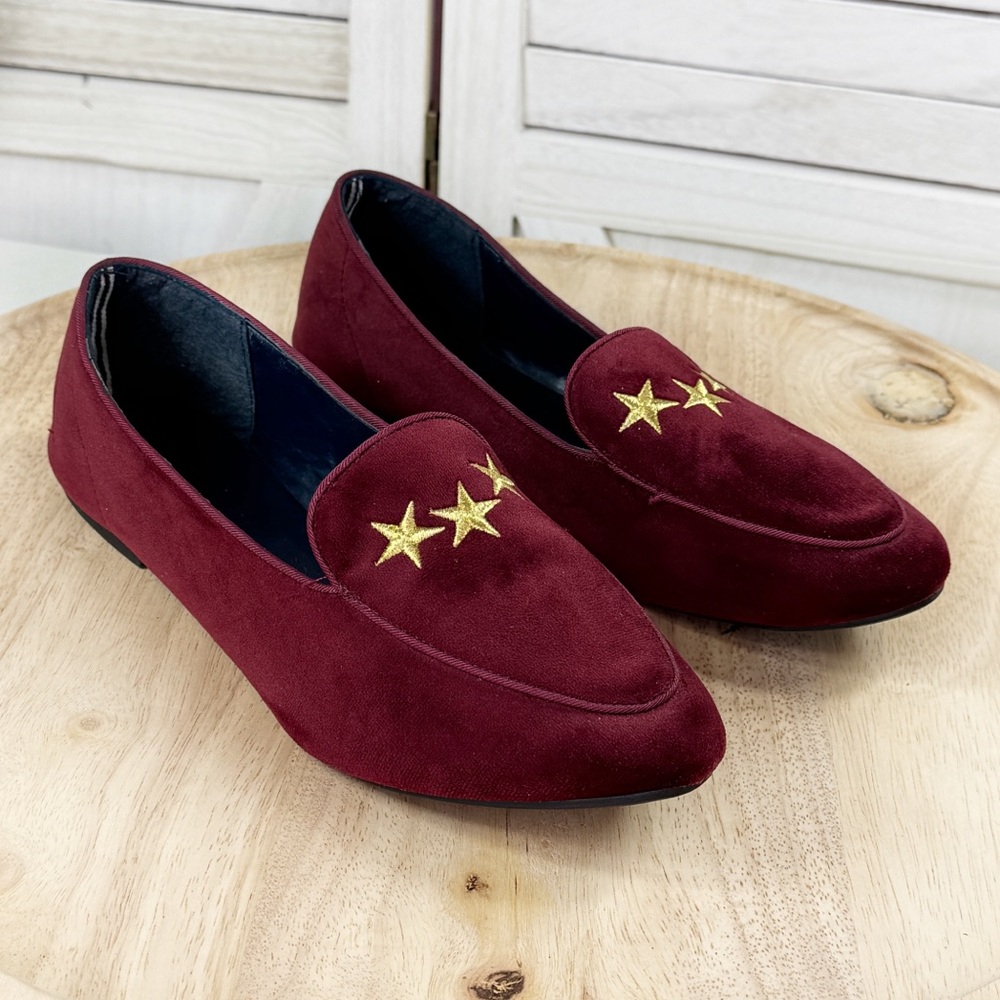 Nautica Campanilโ Velvet Embroidered Stars Slip On Loafer Flats Burgundy Red 8.5